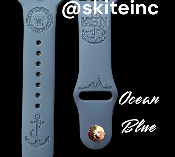 Silicone Custom Laser Engraved Samsung Watch Band - US Navy Apple Example ~ Ocean Blue