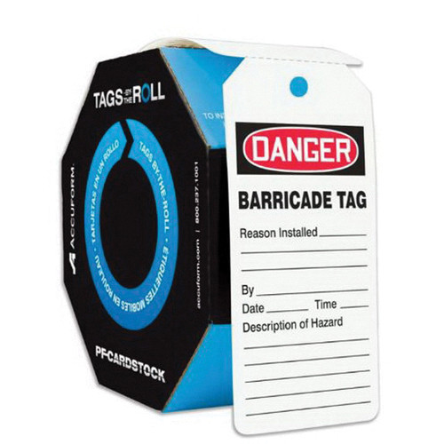 Accuform® Tags By-The-Roll TAR128 Safety Tag, DANGER BARRICADE TAG Legend, 6-1/4 in H x 3 in W, PF-Cardstock, White/Red