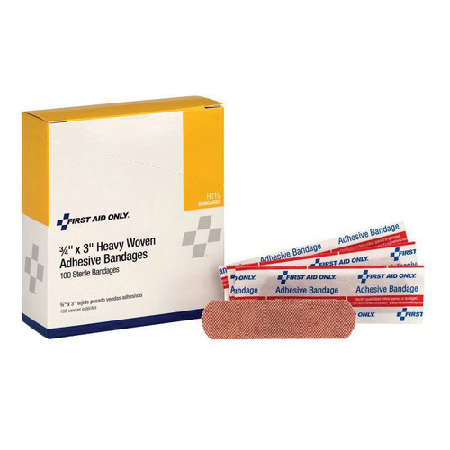 First Aid Only® H-119 Latex-Free Strip Bandages, 3 in L x 3/4 in W, Heavy Woven Fabric, Beige, 100/Box
