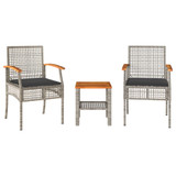 3-dijelni bistro set s jastucima poliratan i drvo bagrema sivi 366260