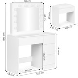 Toaletni stolić ModernHome sa ogledalom i LED osvjetljenjem, 4 ladice + stolica