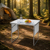 Kampirni stol 120x60 cm, sklopivi stol u koferu, 2 police, bijeli, MultiGarden