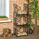 Polica za drva za kamin 46 × 32 × 126 cm, 3 nivoa i 4 kuke, crna