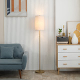 Podna lampa s lanenim sjenilom i prekidačem na lančić, zlatna i krem