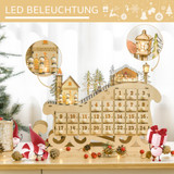Adventski kalendar s 24 ladice i LED svjetlima, oblik sanki, prirodno drvo