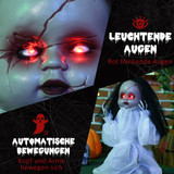 Halloween dekoracija strašna lutka s LED očima, zavija i iskače, bijela