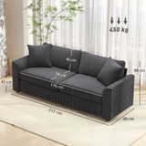Trosjedna sofa s dva ukrasna jastuka, rebrasta tkanina, tamnosiva