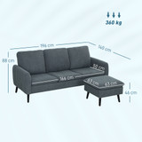 Ugaona sofa s tabureom, 3 sjedišta, tkanina kord, tamnosiva