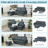 Ugaona sofa s tabureom, 3 sjedišta, tkanina kord, tamnosiva