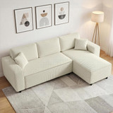 Ugaona sofa s ležajem za tri osobe, rebrasta tkanina, krem bijela