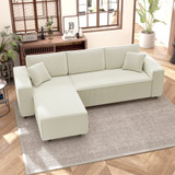Ugaona sofa s ležajem za tri osobe, rebrasta tkanina, krem bijela