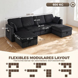 Ugaona sofa s 2 tabureta i prostorom za odlaganje, tamnosiva