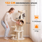 Penjalica za mačke 132 cm s 4 nivoa i pletenom kućicom, bež