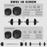 Set bučica 2 u 1 s dugom šipkom, 20 kg, 8 tegova, crni