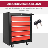 Kolica za alat s 5 ladica 61,6 × 33 × 75 cm, crno-crvena
