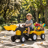 Dječiji traktor na pedale s prednjim utovarivačem i prikolicom, žuti
