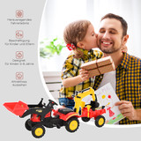Dječiji traktor na pedale s prednjom kašikom i prikolicom, crveni