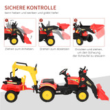 Dječiji traktor na pedale s prednjom kašikom i prikolicom, crveni