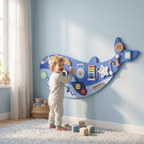 Montessori busy board u obliku kita, 13 aktivnosti, drveni, plavi