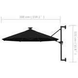 Zidni suncobran s LED svjetlima i metalnom šipkom 300 cm crni Zidni suncobran s LED svjetlima i metalnom šipkom 300 cm crni
