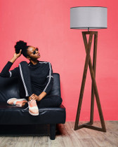 Podna svjetiljka Maçka Ceviz Ahşap Lambader Silindir Hasır Gri Abajurlu