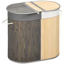 Korpa za veš od bambusa 100 L, s poklopcima i 2 pretinca, 62,5 × 37 × 60,5 cm, siva i prirodna