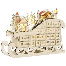 Adventski kalendar s 24 ladice i LED svjetlima, oblik sanki, prirodno drvo