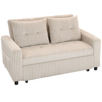 Sofa na razvlačenje dvosjed s kord presvlakom i bočnim džepovima, krem bijela