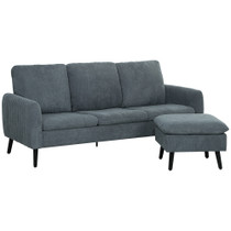 Ugaona sofa s tabureom, 3 sjedišta, tkanina kord, tamnosiva