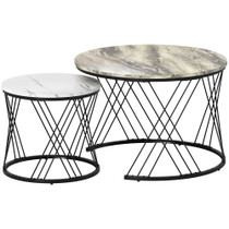 Set od 2 okrugla klub stola 70 × 70 × 46,5 cm, izgled mramora, sivo-bijeli