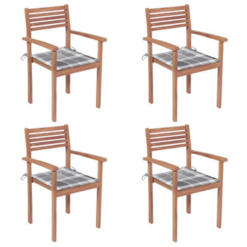 Vrtne stolice sa sivim kariranim jastucima 4 kom od tikovine 3062303