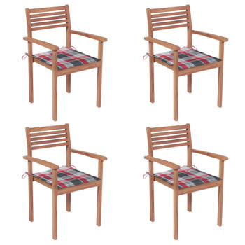 Vrtne stolice s crvenim kariranim jastucima 4 kom od tikovine 3062302