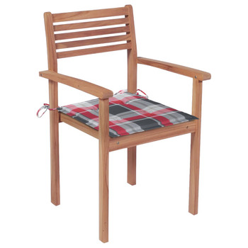 Vrtne stolice s crvenim kariranim jastucima 4 kom od tikovine 3062302
