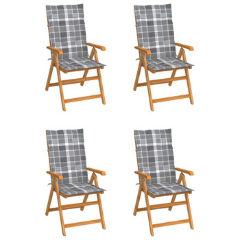 Vrtne stolice sa sivim kariranim jastucima 4 kom od tikovine 3065544
