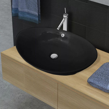 Luksuzni keramički crni ovalni umivaonik sa preljevom, 59 x 38,5 cm