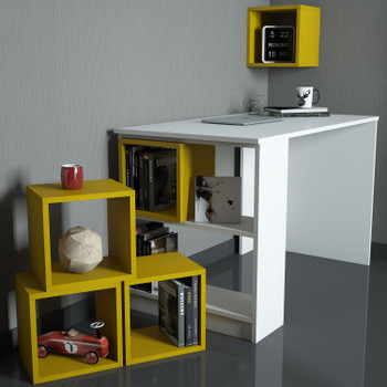 Studijski sto i polica za knjige Kutija - bijela, žuta