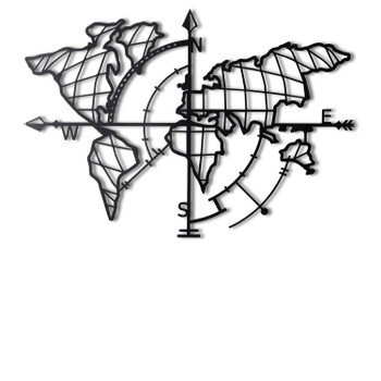 Dekorativni metalni zidni pribor Kompas na karti svijeta - crni