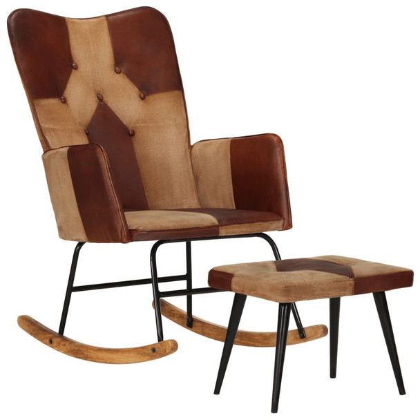 Stolica za ljuljanje s tabureom smeđa od prave kože i platna 339708