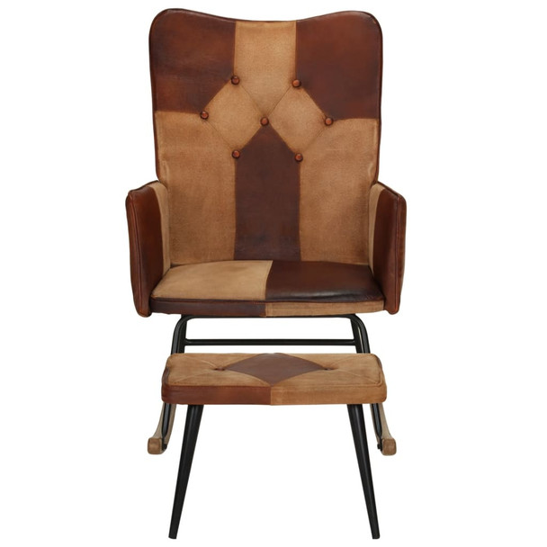 Stolica za ljuljanje s tabureom smeđa od prave kože i platna 339708