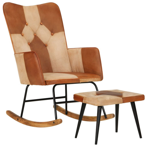 Stolica za ljuljanje s tabureom smeđa od prave kože i platna 339707