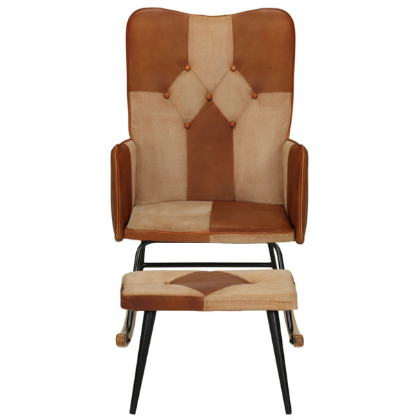 Stolica za ljuljanje s tabureom smeđa od prave kože i platna 339707