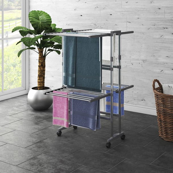 Stalak za sušenje rublja 2 razine i kotači srebrni 60x70x106 cm 344377
