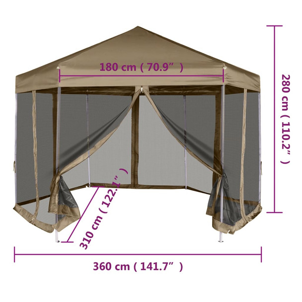 Šesterokutni šator sa stijenkama 3,6 x 3,1 m smeđesivi 220 g/m² 362013