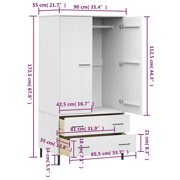 Ormar s metalnim nogama bijeli 90x55x172,5 cm masivno drvo OSLO 350990