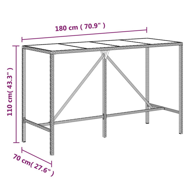 Barski stol sa staklenom pločom smeđi 180x70x110 cm poliratan 362590