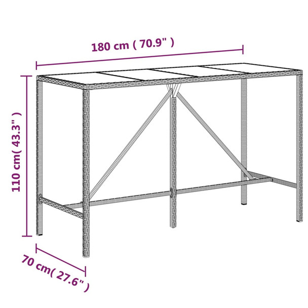 Barski stol sa staklenom pločom crni 180x70x110 cm poliratan 362591