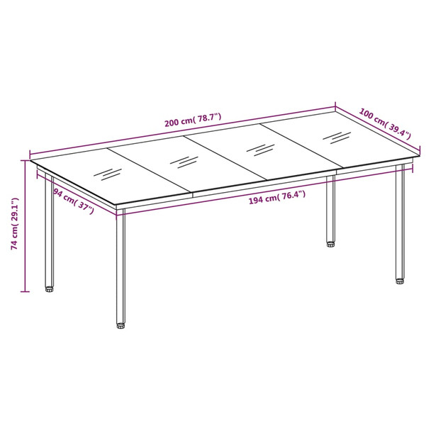 Vrtni blagovaonski stol crni 200 x 100 x 74 cm čelik i staklo 3100107