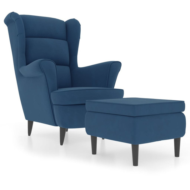 Fotelja s krilnim naslonom i tabureom plava baršunasta 3115930