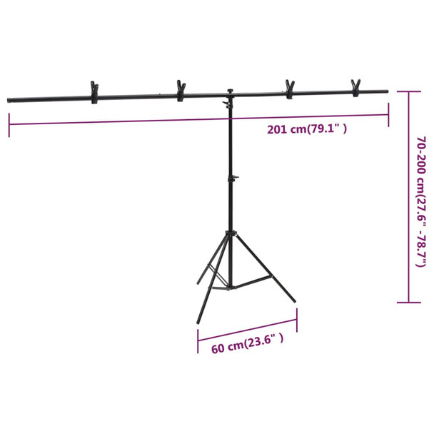 Stalak za pozadinu u obliku slova T crni 201x60x(70-200) cm 190253