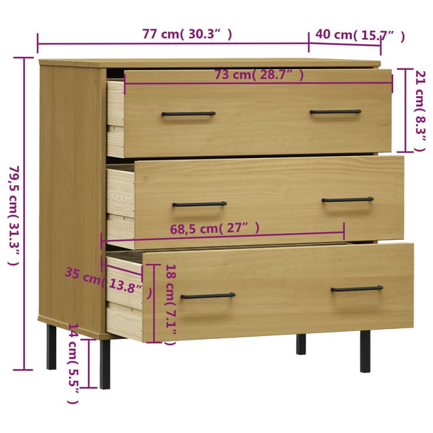 Komoda s 3 ladice smeđa 77 x 40 x 79,5 cm od masivnog drva OSLO 350979